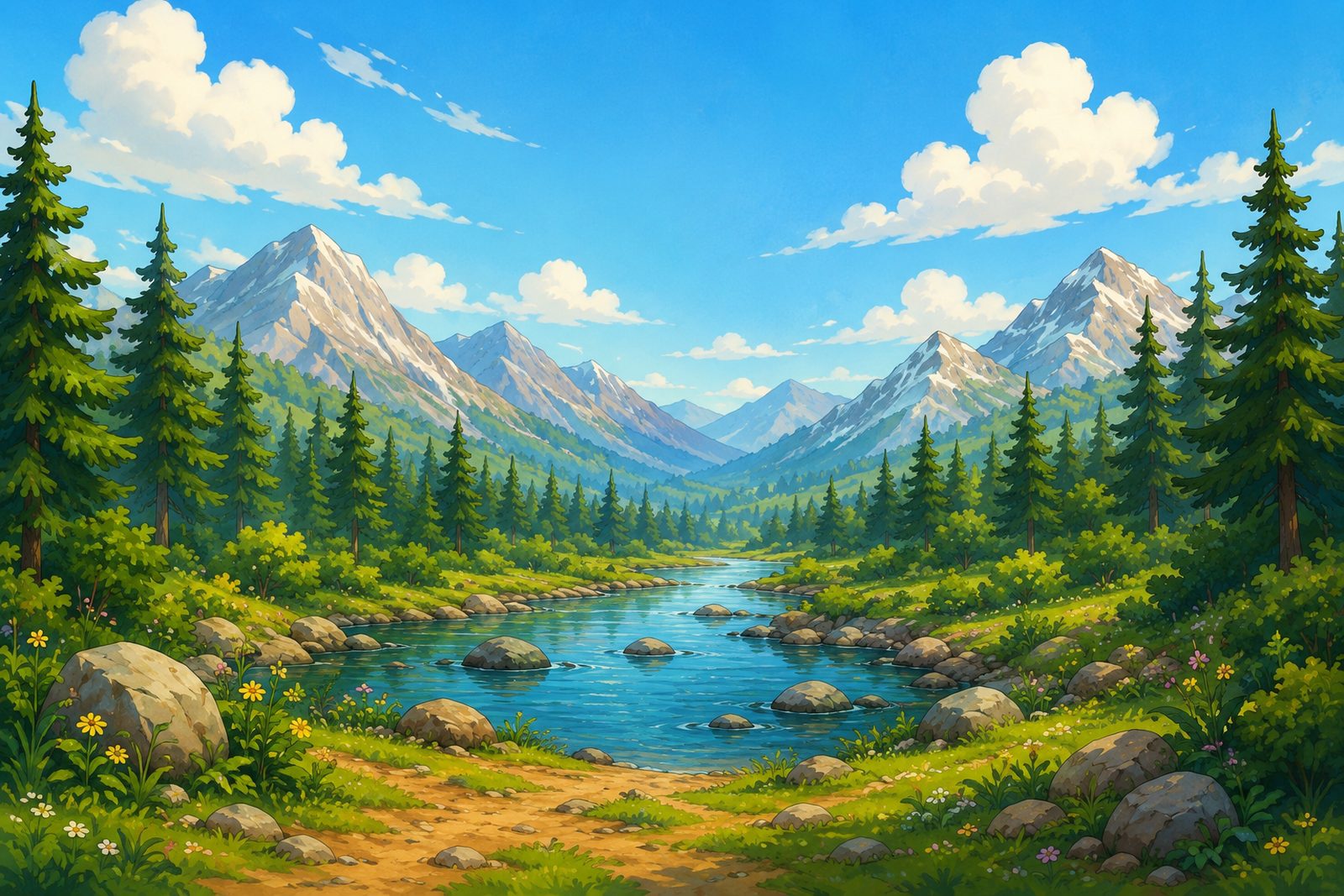 A river winding through a wildflower meadow toward pine forest and snow-capped mountains under a bright summer sky.