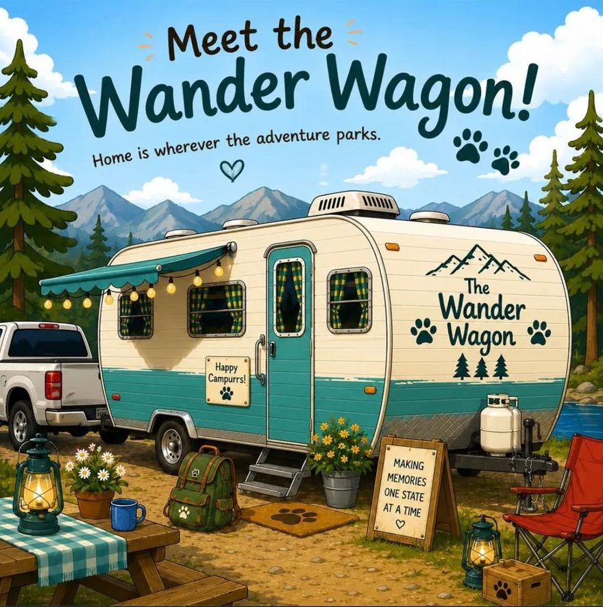 The Wander Wagon, a vintage teal and cream camper parked at a wooded campsite with lanterns, a picnic table and a Happy Campurrs sign.
